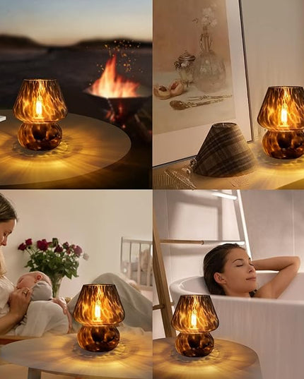 Mushroom Lamp Small Vintage Table Lamp for Bedroom Set of 2, Nightstand Bedside Lamp Translucent Glass Dimmable, Murano Aesthetic Home Decor for Living Room Kitchen Dorm Gift(Black) - LeafyLoom