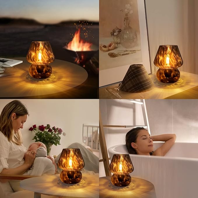 Mushroom Lamp Small Vintage Table Lamp for Bedroom Set of 2, Nightstand Bedside Lamp Translucent Glass Dimmable, Murano Aesthetic Home Decor for Living Room Kitchen Dorm Gift(Black) - LeafyLoom