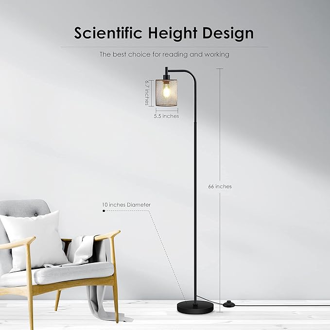 BoostArea Industrial Floor Lamp, Standing Lamp with Hanging Iron Mesh Lamp Shade, 6W LED Bulb, Whole Metal Farmhouse Floor Lamp with Foot Switch, Rustic Floor Lamps for Living Room Bedroom, Black - LeafyLoom