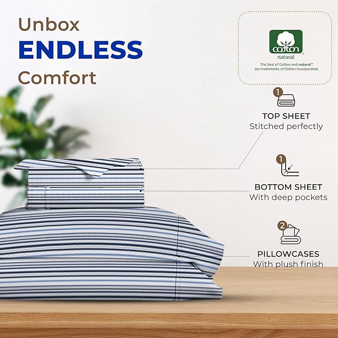THREAD SPREAD 100% Egyptian Cotton Printed Bed Sheets - 600 Thread Count 4 PC King Sheet Set, Hotel Luxury Sateen Bedsheets, 16" Deep Pocket Soft Cooling Sheets for King Size Bed - Variegated Stripe - LeafyLoom