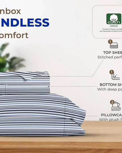 THREAD SPREAD 100% Egyptian Cotton Printed Bed Sheets - 600 Thread Count 4 PC Full Sheet Set, Hotel Luxury Sateen Bedsheets, 16" Deep Pocket Soft Cooling Sheets for Full Size Bed - Variegated Stripe - LeafyLoom