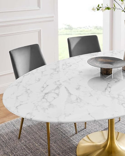 Modway Lippa 78" Oval-Shaped Mid-Century Modern Dining Table with Artificial Marble Top and Gold Base - LeafyLoom