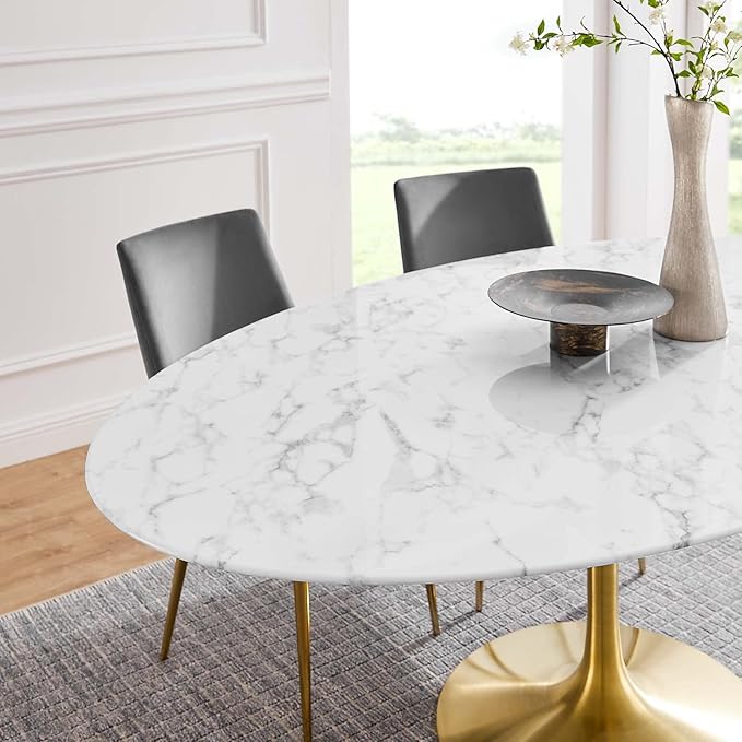 Modway Lippa 78" Oval-Shaped Mid-Century Modern Dining Table with Artificial Marble Top and Gold Base - LeafyLoom