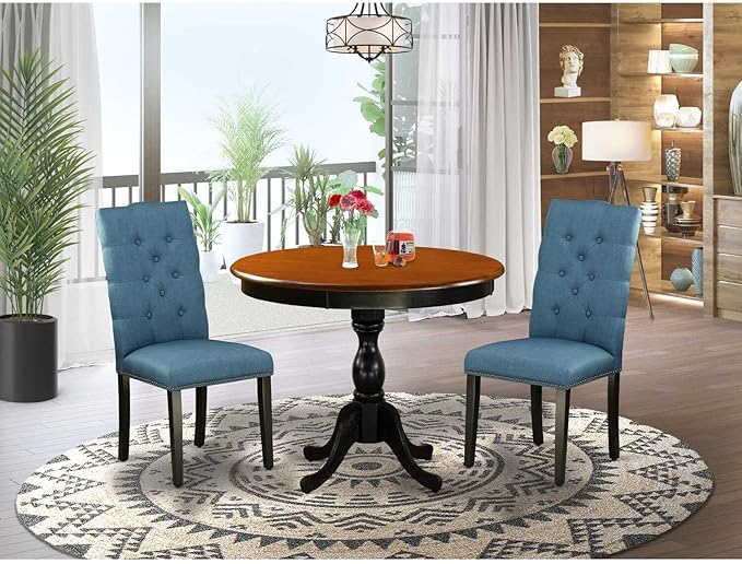 East West Furniture Antique 3 Piece Set Contains a Round Kitchen Table with Pedestal and 2 Blue Linen Fabric Parsons Dining Chairs, 36x36 Inch, Black & Cherry - LeafyLoom