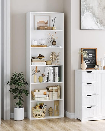 FOTOSOK 6-Tier Open Bookcase and Bookshelf, Freestanding Display Storage Shelves Tall Bookcase for Bedroom, Living Room and Office, White - LeafyLoom