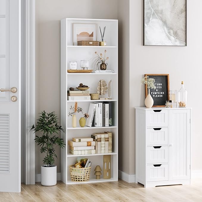 FOTOSOK 6-Tier Open Bookcase and Bookshelf, Freestanding Display Storage Shelves Tall Bookcase for Bedroom, Living Room and Office, White - LeafyLoom