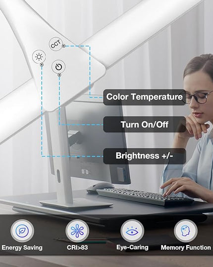 LED Desk Lamp, Double Head Desk Lamps for Home Office, Dimmable 25 Lighting Modes Bright Desk Lighting,12W 1400lm Eye-Caring Architect Table Lamp for Workbench Monitor Reading Study, White - LeafyLoom