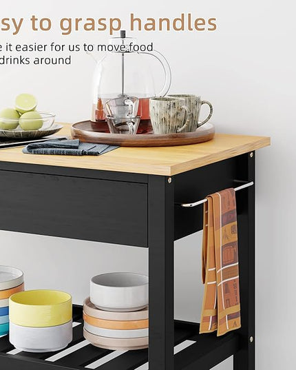 Shintenchi Kitchen Island Cart with Storage,Rolling Kitchen Island Side Table on Wheels with Large Worktop,Storage Cabinet,Towel Rack,Drawers and Open Shelves for Kitchen,Dinning Room,Black - LeafyLoom