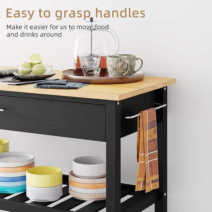 Shintenchi Kitchen Island Cart with Storage,Rolling Kitchen Island Side Table on Wheels with Large Worktop,Storage Cabinet,Towel Rack,Drawers and Open Shelves for Kitchen,Dinning Room,Black - LeafyLoom