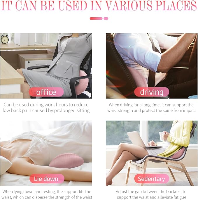 Lumbar Support Pillow - Memory Foam for Low Back Pain Relief, Ergonomic Streamline Car Seat, Office Chair, Recliner and Bed (pink) - LeafyLoom