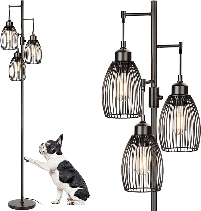 68’’ Dimmable Floor Lamp, 3 x 800LM LED Edison Bulbs Included, Industrial Floor Lamps for Living Room, Rustic Tall Lamps Standing Lamp for Bedrooms Living Room - LeafyLoom