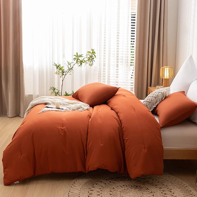 Terracotta Queen Comforter Solid Color 3PCS Boho Bed Comforter Set Queen Size Soft Lightweight Down Alternative Microfiber Comforter for All Season (1 Comforter, 2 Pillowcases) - LeafyLoom