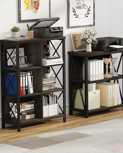 FATORRI 6 Cube Storage Organizer Shelf, Rustic Wood and Metal Cubby Bookcase, Industrial 4 Tier Cube Bookshelf (Walnut Brown) - LeafyLoom