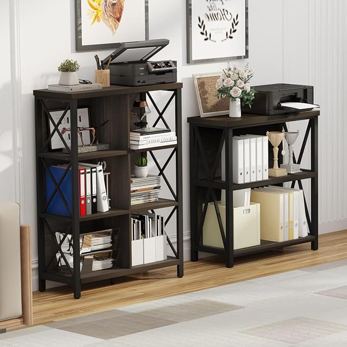 FATORRI 6 Cube Storage Organizer Shelf, Rustic Wood and Metal Cubby Bookcase, Industrial 4 Tier Cube Bookshelf (Walnut Brown) - LeafyLoom