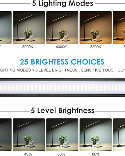 LED Desk Lamp with Wireless Charger, Dimmable Office Lamp with USB Charging Port, Eye- Caring Desk Lamps, Bright with 5 Lighting Modes, Touch Control Auto Timer - LeafyLoom