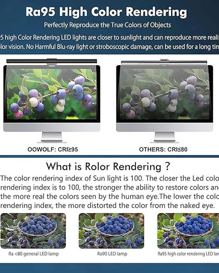 OOWOLF Monitor Light Bar with Backlight CRI≥95, Screen Light Bar, Desk Lamp for Eye-Caring,Dual Light,Filter Blue-Light,3-Color Mode,Memory Dimming,e-Reading Task Lamp,Computer Light for Home Office - LeafyLoom
