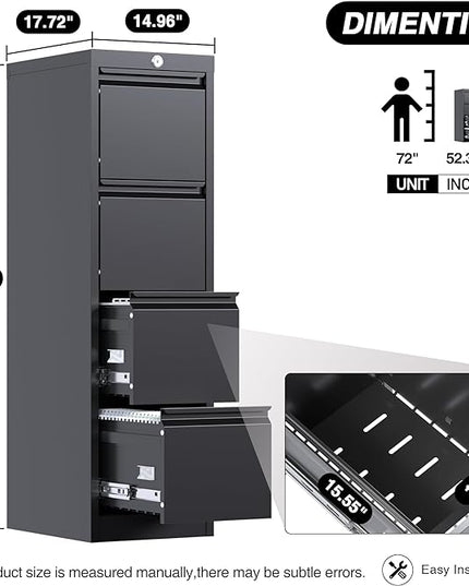 4 Drawer File Cabinet, Vertical Filing Cabinets with Lock, Metal File Cabinets for Home Office A4 Letter/Legal Size, Assembly Required - LeafyLoom