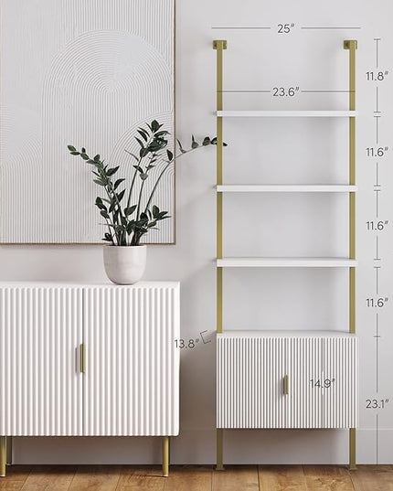 Nathan James Theo Mid-Century Modern Bookcase with Cabinet Fluted Texture, White Open Shelves and Brass Metal Frame Living Room, Home Office Storage - LeafyLoom
