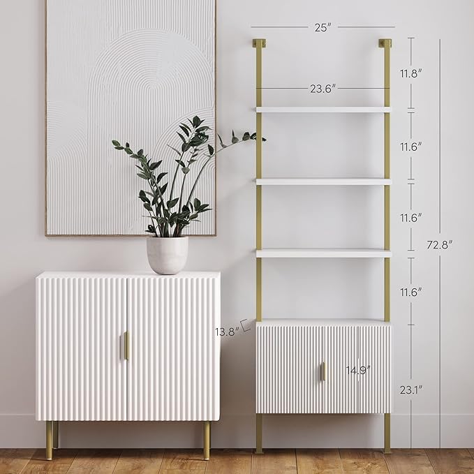 Nathan James Theo Mid-Century Modern Bookcase with Cabinet Fluted Texture, White Open Shelves and Brass Metal Frame Living Room, Home Office Storage - LeafyLoom