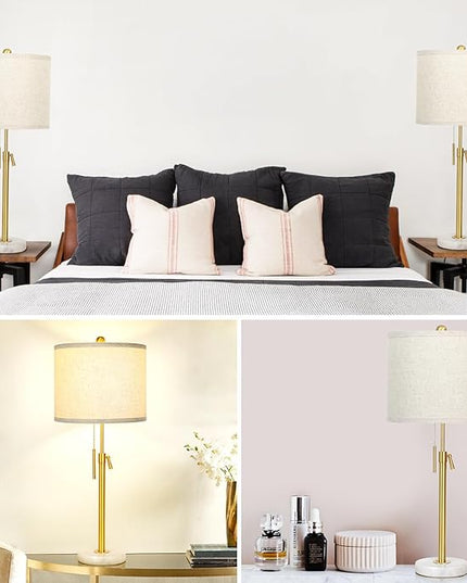 Table Lamp Set of 2: 22" to 30" Height Adjustable Pull Chain Switch for Living Room Bedroom End Table, Marble Base Beige Linen Shade Gold Nightstand Lamp for Office, Bedside Table (Gold, Beige Shade) - LeafyLoom