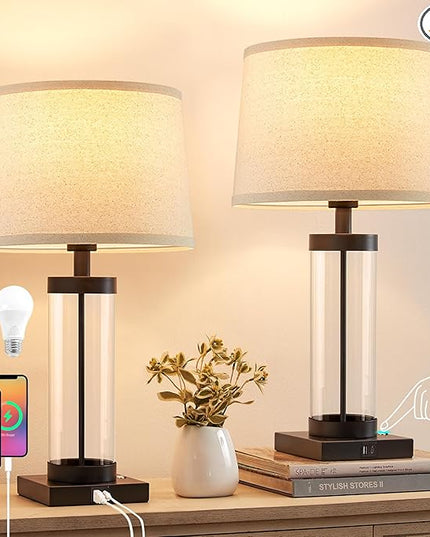 Nightstand Table Lamps for Bedrooms Set of 2 - 3 Way Dimmable Touch Bedside Lamps with USB C+A & Outlets, Black Living Room Lamps with Glass Body for End Tables, Modern Night Stand Lamps for Bedside - LeafyLoom