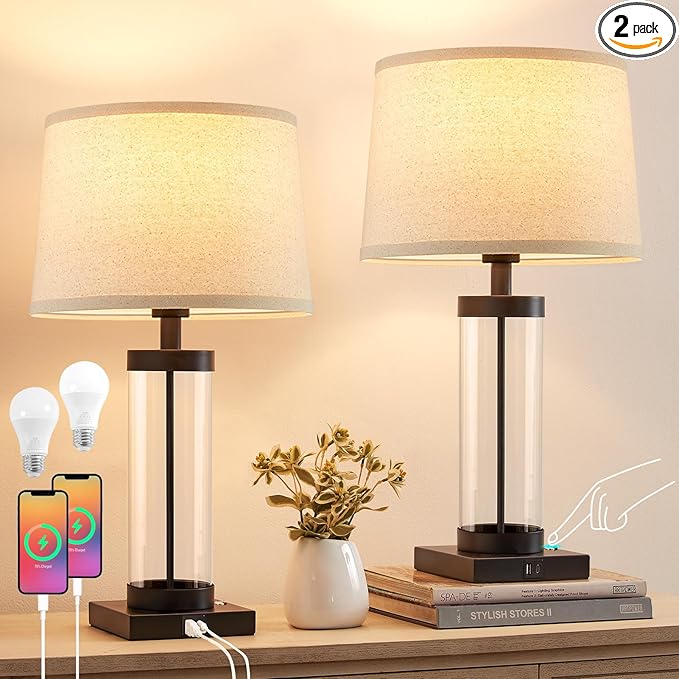 Nightstand Table Lamps for Bedrooms Set of 2 - 3 Way Dimmable Touch Bedside Lamps with USB C+A & Outlets, Black Living Room Lamps with Glass Body for End Tables, Modern Night Stand Lamps for Bedside - LeafyLoom