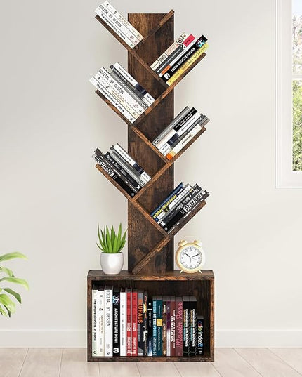 6 Tier Tree Bookshelf, Sturdy Retro Floor Standing Wood Bookcase, Storage Rack for Home Office, Living Room, Bedroom, Reading Spot, Heavy Book Organizer Shelves for CDs/DVDs/Movies - LeafyLoom