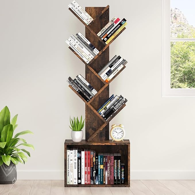 6 Tier Tree Bookshelf, Sturdy Retro Floor Standing Wood Bookcase, Storage Rack for Home Office, Living Room, Bedroom, Reading Spot, Heavy Book Organizer Shelves for CDs/DVDs/Movies - LeafyLoom