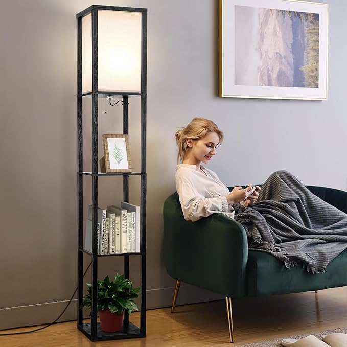 Shelf Floor Lamp, Shelves Floor Lamp for Living Room Bedroom, 4-Tier Modern Shelf Floor Lamp with 3CCT LED Blub(Black) - LeafyLoom
