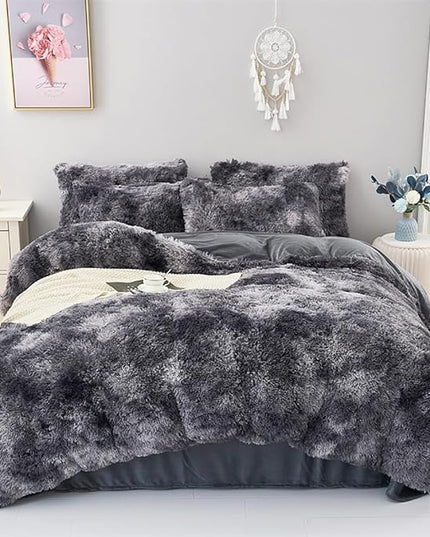 WINLIFE Shaggy Comforter Set Twin Grey for Boys Teens Faux Fur Bedding Sets Flannel Furry Comforter Plush Comforter Sets Gradient Ombre Tie Dye Bed Sets (3Pcs, Twin, Dark Grey) - LeafyLoom
