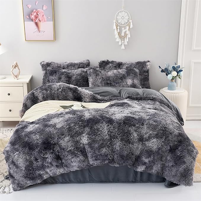 WINLIFE Shaggy Comforter Set Twin Grey for Boys Teens Faux Fur Bedding Sets Flannel Furry Comforter Plush Comforter Sets Gradient Ombre Tie Dye Bed Sets (3Pcs, Twin, Dark Grey) - LeafyLoom
