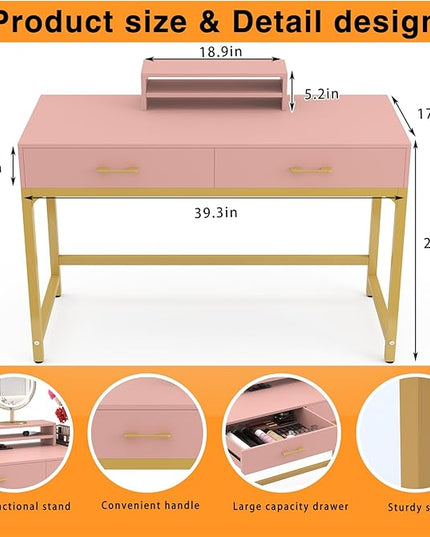 WESTREE Women Makeup Vanity Desk with 2 Drawers - Bedroom Home Office Desk, Wooden Height Monitor Stand & Storage Shelf without Mirror, Pink Table Great Gift for Her - LeafyLoom