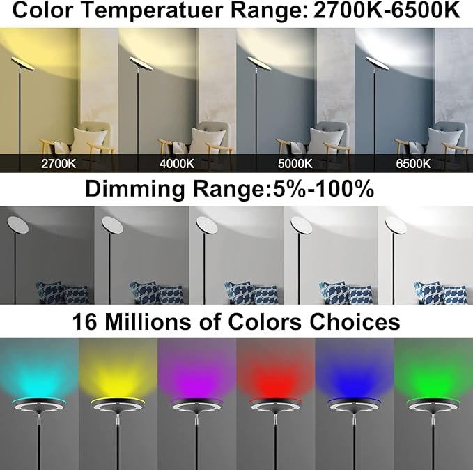 Keepsmile Silver Double Side Lighting LED Floor Lamp with Remote Smart App 36W 2600LM Bright Tall Standing RGB Floor Lamp Angle Multicolor Dimmable Modern Floor Lamps for Living Room Bedroom - LeafyLoom
