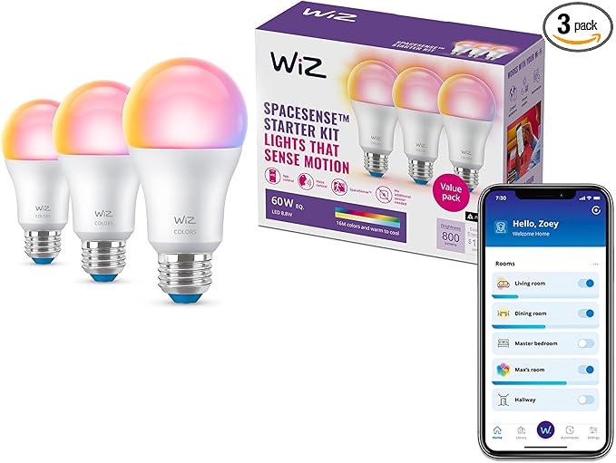 WiZ 60W A19 Color LED Smart Bulb - Pack of 3 - E26- Indoor - Connects to Your Existing Wi-Fi - Control with Voice or App + Activate with Motion - Matter Compatible WiZConnectedLighting