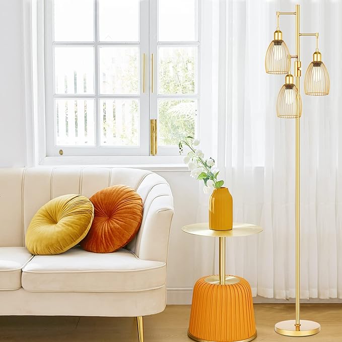 Dimmable Floor Lamp, 3 x 800LM LED Edison Bulbs Included, Farmhouse Industrial Floor Lamp Standing Tree Lamp with Elegant Teardrop Cage Head Tall Lamp for Living Room Bedroom Office Dining Room - Gold - LeafyLoom