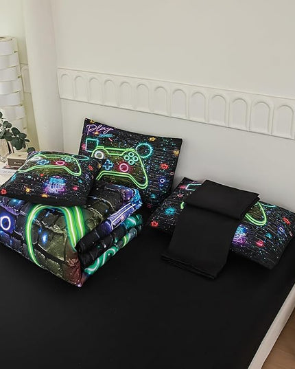 NINENINE Gaming Bedding Sets for Boys, 6PCS Queen Size Comforter Sets for Boys,Gamer Bedding Bed in A Bag Comforter Sheet Set(1Comforter,1Flat Sheet,1Fitted Sheet,1Cushion Cover,2Pillowcases)… - LeafyLoom