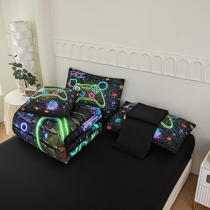 NINENINE Gamer Bedding Sets, 6PCS Full Size Comforter Size for Boys,Gaming Bedding Sets for Boys Bed in A Bag Gamer Comforter Sets(1Comforter,1Flat Sheet,1Fitted Sheet,1Cushion Cover,2Pillowcases)… - LeafyLoom