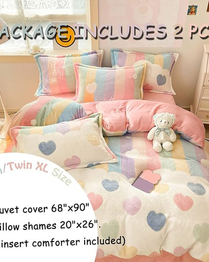 MorroMorn Twin Bedding Sets, Pink Rainbow Duvet Cover Set, Fluffy Comforter Covers Blanket Ultra Soft Kawaii Cute for Girls Kids Toddler Teen Women Twin/Twin XL Size - LeafyLoom