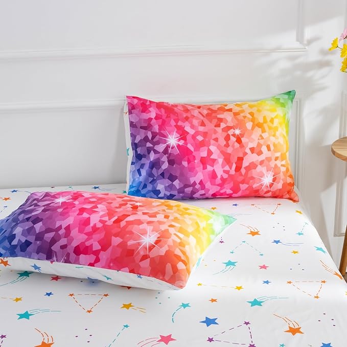 A Nice Night 6Pcs Gradient Abstract Art Grid Mosaic Geometric Bedding Set for Girls, Colorful Rainbow Galaxy Comforter Set, Ultra Soft Bedding Sets (PinkYellow,Full 6Pcs) - LeafyLoom