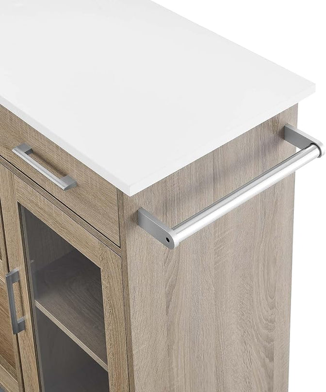 Modway Culinary Rolling Kitchen Cart with Storage in Oak White - 3 Tiers Kitchen Island on Wheels with Towel Bar, Functional as a Coffee Station, Bar Cabinet or Butcher Block Island - LeafyLoom
