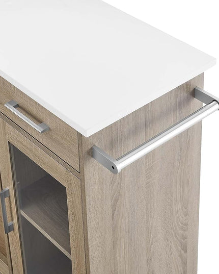 Modway Culinary Rolling Kitchen Cart with Storage in Oak White - 3 Tiers Kitchen Island on Wheels with Towel Bar, Functional as a Coffee Station, Bar Cabinet or Butcher Block Island - LeafyLoom