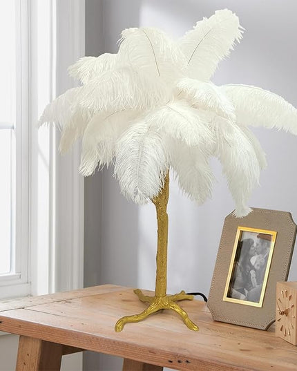 White Bedside Lamp Ostrich Feather Desk Lamp Gold Resin Ostrich Feather Table Lamp, Girls Gift Romantic Wedding Decoration Palm Tree Lamps G4*3 - LeafyLoom