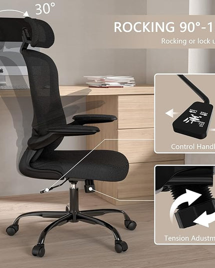 Office Chair, High Back Ergonomic Desk Chair, Breathable Mesh Desk Chair with Adjustable Lumbar Support and Headrest, Swivel Task Chair with flip-up Armrests, Executive Chair for Home Office - LeafyLoom