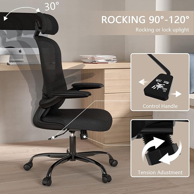 Office Chair, High Back Ergonomic Desk Chair, Breathable Mesh Desk Chair with Adjustable Lumbar Support and Headrest, Swivel Task Chair with flip-up Armrests, Executive Chair for Home Office - LeafyLoom
