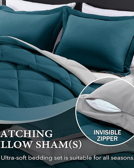 downluxe Twin Comforter Set - Green and Grey Twin Comforter, Soft Bedding Sets for All Seasons -2 Pieces - 1 Comforter (66"x92") and 1 Pillow Sham(20"x26") - LeafyLoom