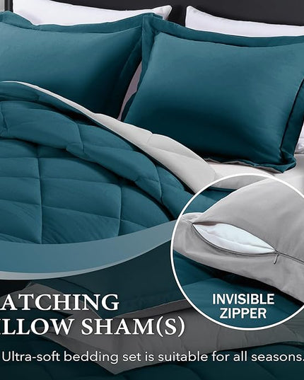 downluxe Queen Comforter Set - Green and Grey Queen Comforter, Soft Bedding Sets for All Seasons -3 Pieces - 1 Comforter (88"x92") and 2 Pillow Shams(20"x26") - LeafyLoom