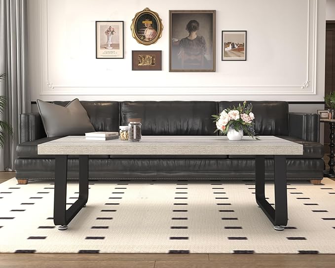 HSH Industrial Coffee Table, Modern Minimalist Center Table, Wooden Rectangle Living Room Table for Small Space, Farmhouse Wood and Metal Tea Table for Home Bedroom Office, Light Grey Oak, 47 in - LeafyLoom