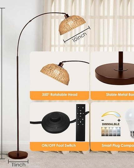 Arc Floor Lamp for Living Room,Bronze Standing Rattan Floor Lamp with Remote Control Dimmable,71" Tall Boho Farmhouse Adjustable Over Couch Lamp for Bedroom Office - LeafyLoom