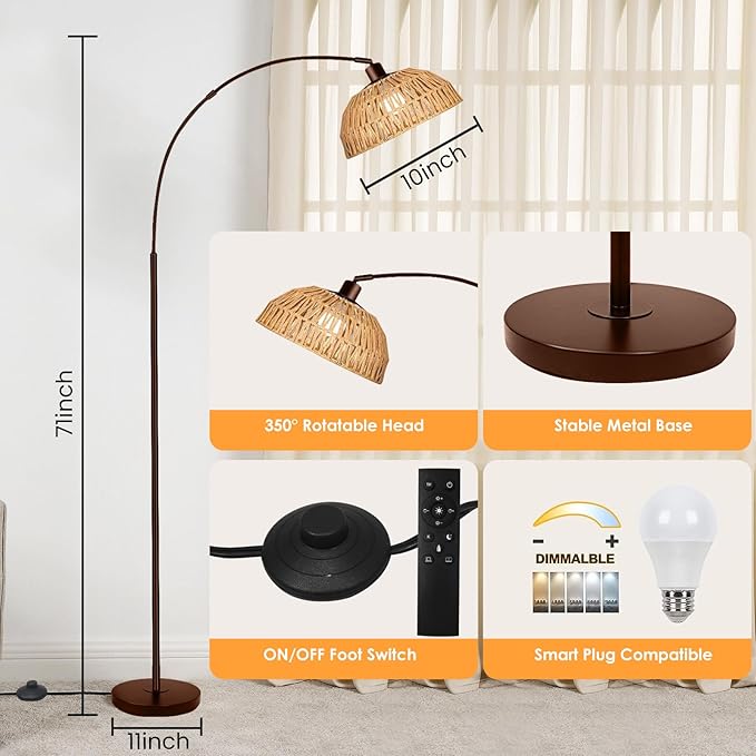 Arc Floor Lamp for Living Room,Bronze Standing Rattan Floor Lamp with Remote Control Dimmable,71" Tall Boho Farmhouse Adjustable Over Couch Lamp for Bedroom Office - LeafyLoom