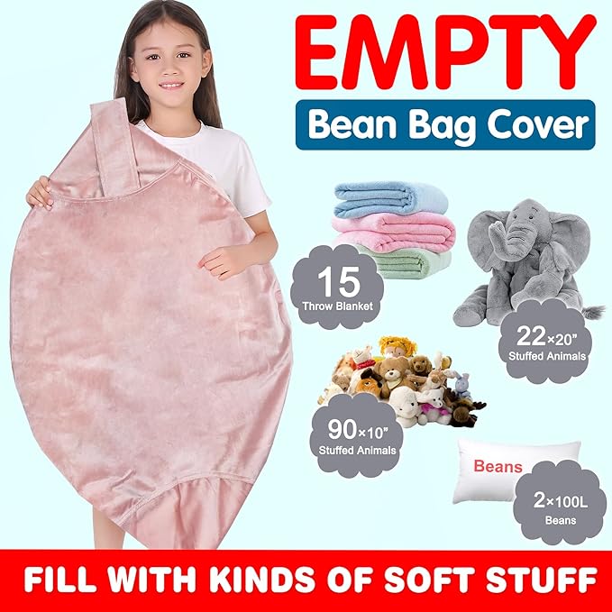 Lukeight Stuffed Animal Storage Bean Bag Chair Cover for Kids, Zipper Beanbag Chair Cover for Organizing Toddler & Kids' Rooms Plush Toys (Pink Velvet, X-Large) - LeafyLoom